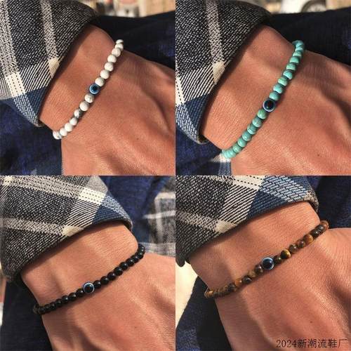 新款时尚6mm自然石珠眼睛手链百搭个性恶魔之眼串珠弹力男士手链