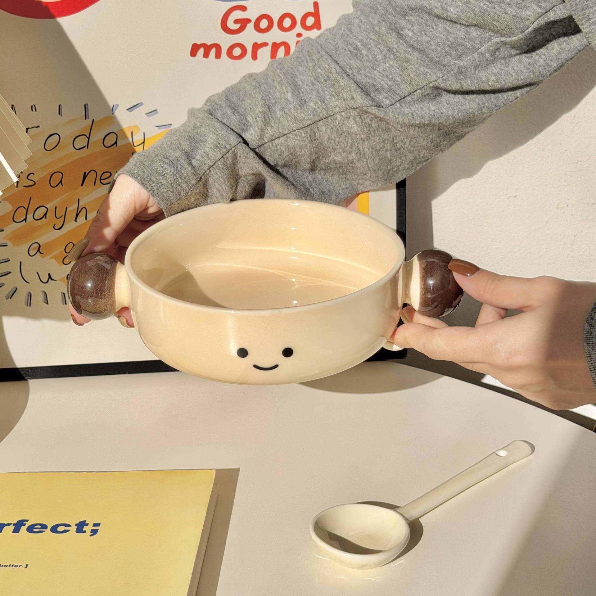 可可豆陶瓷米饭碗手柄碗2025新款双耳泡面碗水果沙拉碗甜品酸奶碗