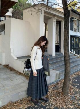 DOMX秋冬新款格纹覆古高腰a字裙灰色长裙秋冬百褶裙半身裙女加厚