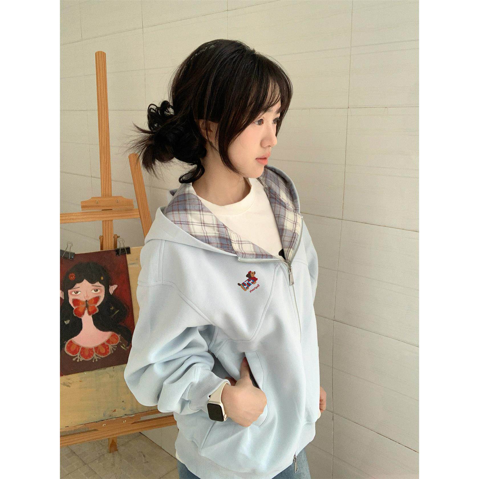 蓝色小狗刺绣拉炼开衫卫衣女2025新款秋季宽松慵懒风格子连帽外套