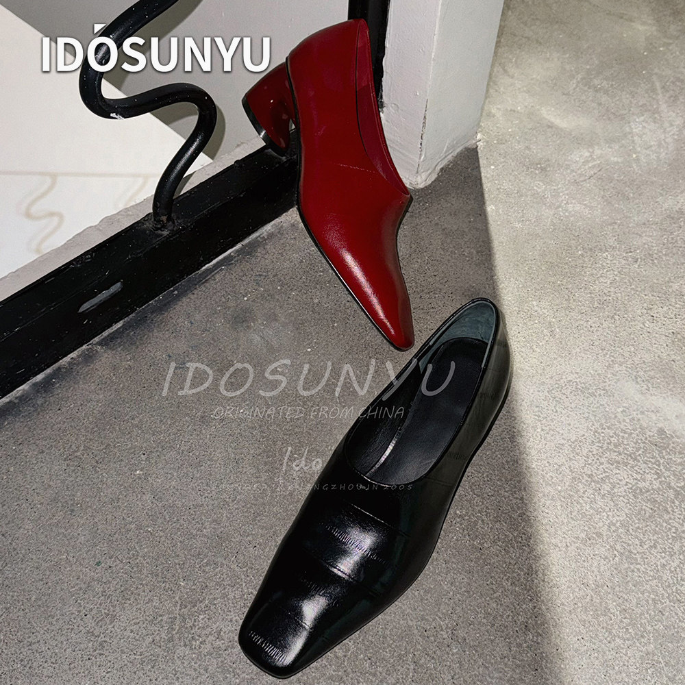 IDOSUNYU欧货鳄鱼纹牛皮粗跟乐福鞋小众设计师复古气质真皮女单鞋