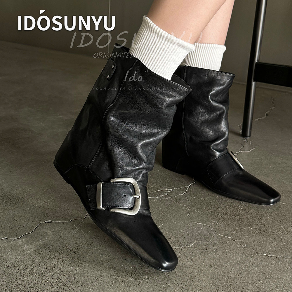 IDOSUNYU真皮5CM坡跟方头堆堆靴