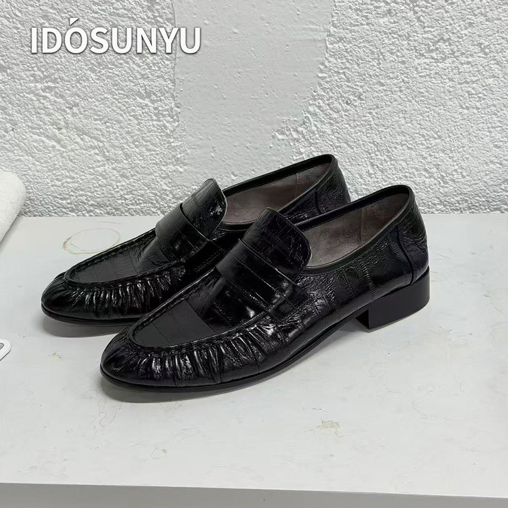 idosunyu欧货进口鳗鱼纹牛皮低跟圆头乐福鞋女款一脚蹬百搭小皮鞋