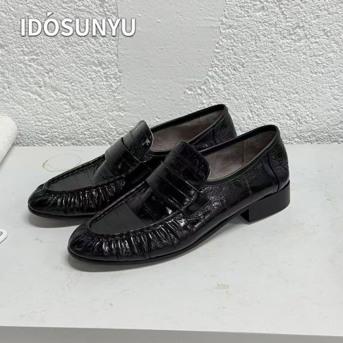 idosunyu欧货进口鳗鱼纹牛皮低跟圆头乐福鞋女款一脚蹬百搭小皮鞋