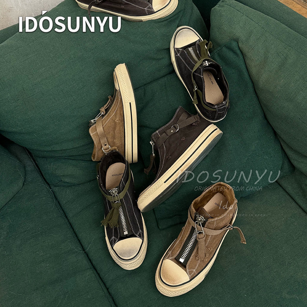 IDO欧货女鞋26早秋新款水洗做旧破洞拉链休闲高帮帆布鞋圆头板鞋