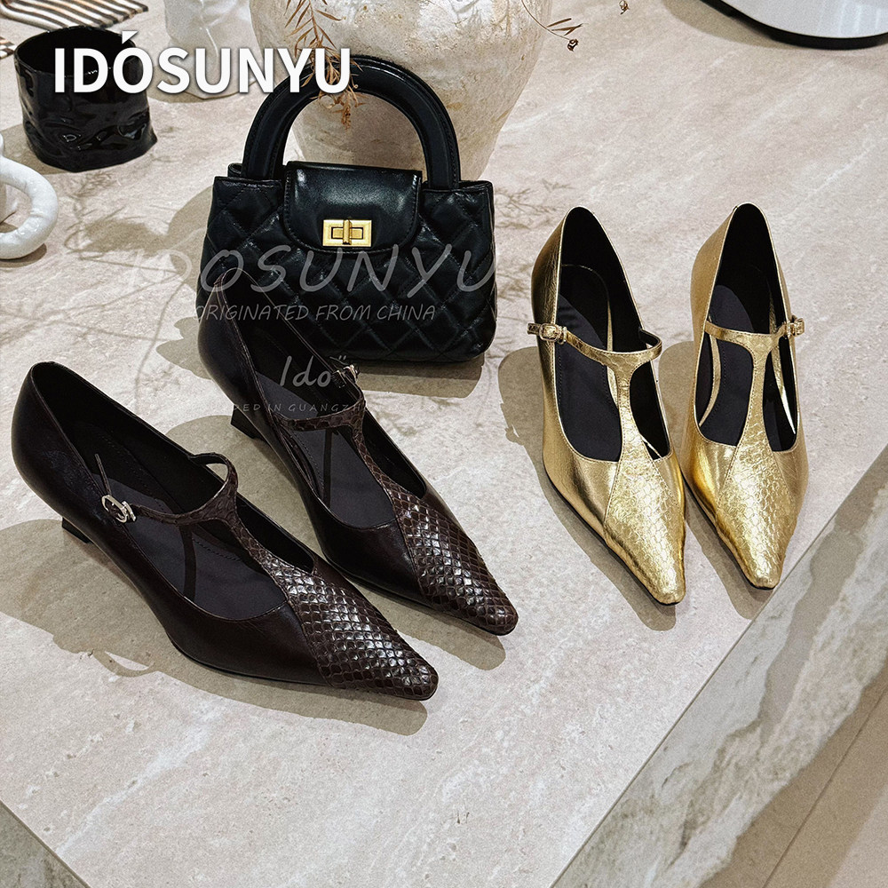 IDOSUNYU新款6CM坡跟法式复古尖头胎牛皮蛇皮玛丽珍鞋女浅口单鞋