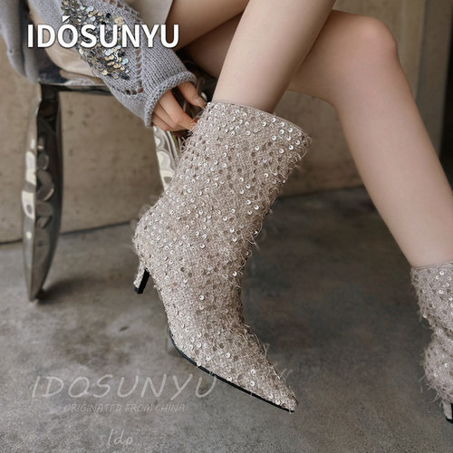 IDOSUNYU欧货女鞋2026秋冬法式亮片高跟短靴尖头细跟瘦瘦靴时装靴