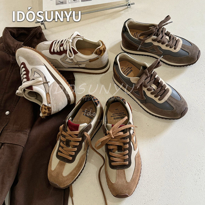IDOSUNYU欧货新款复古牛皮厚底撞色德训鞋女款阿甘鞋系带休闲鞋
