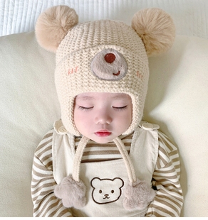 款 儿童宝宝一岁男宝2023秋冬季 婴儿加绒可爱针织帽男孩护耳朵帽子