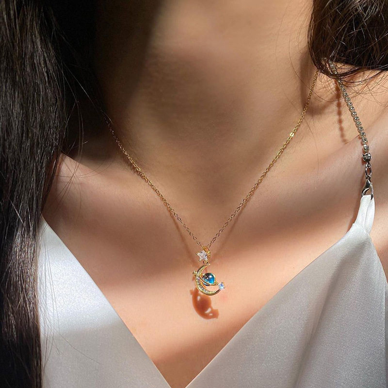 星球吊坠批发欧美跨境饰品时尚镶钻锁骨链女小众星星月亮合金项链