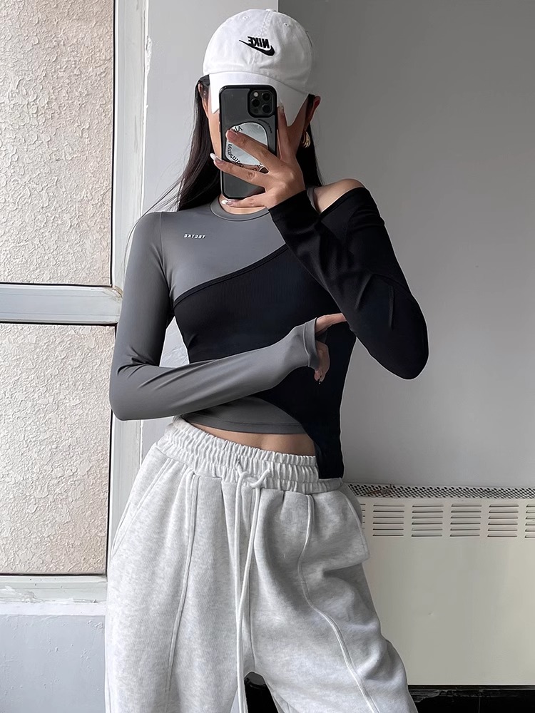 健身训练紧身瑜伽服拼色长袖T恤跑步弹力透气速干运动健身服上衣