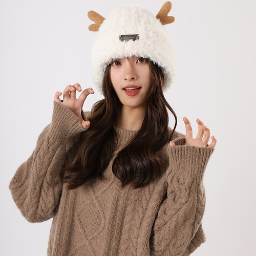 VOBA鹿角毛绒针织帽2025秋冬新款