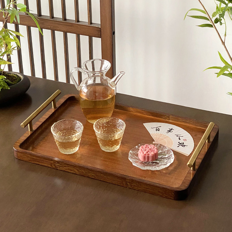 新中式带把茶盘家用放茶杯托盘木质长方形餐盘下午茶点心盘展示盘
