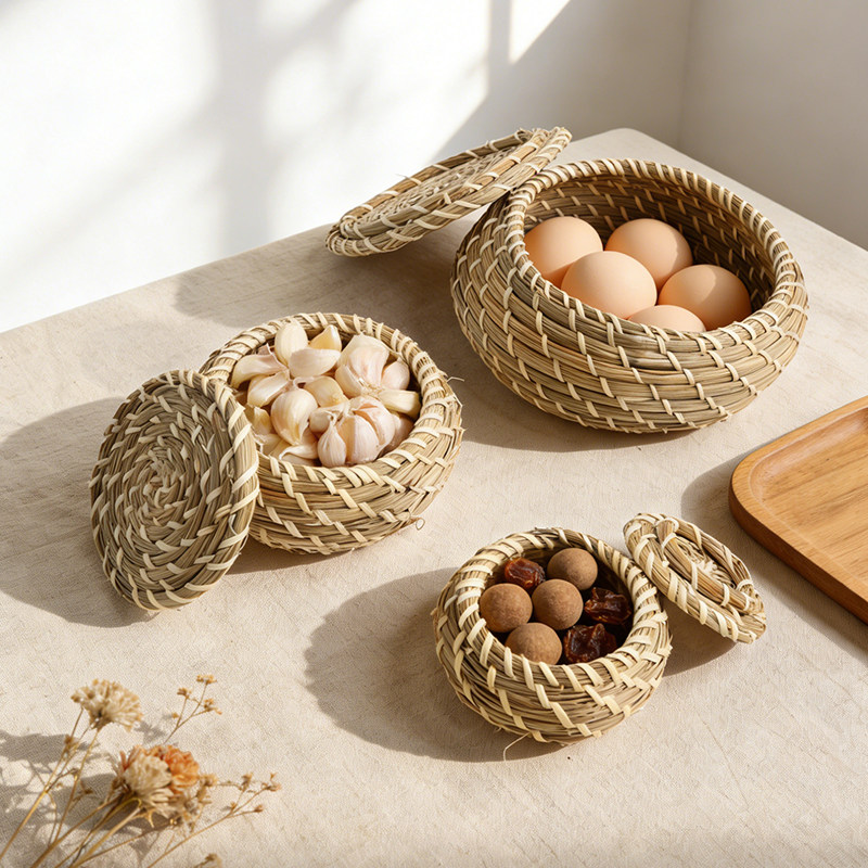 集物纪田园风海草编织收纳罐带盖圆形储物筐桌面首饰盒藤编收纳篮