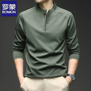 时尚 罗蒙春秋新款 T恤休闲百搭打底衫 半高拉链立领长袖 上衣 男士