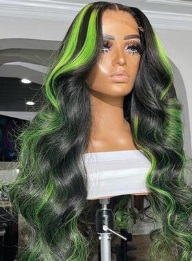 Highlight Green Lace Front Human Hair Wigs 38 Inch Ombre Col