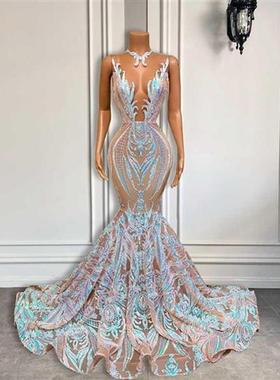 Long Sparkly Prom Dresses 2022 Sheer O-neck Sleeveless Real