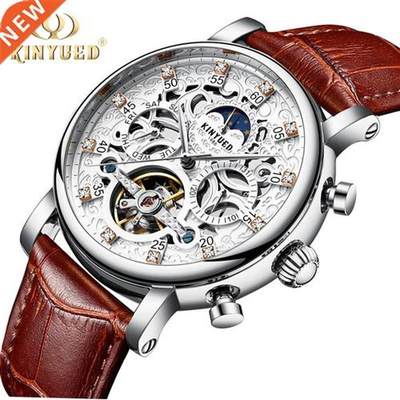 KINYUED Skeleton Automatic Watch Men Sun Moon Phase Waterpr