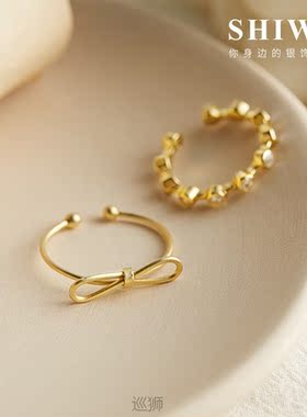 Silver jewelry gold zircon bow opening ring 925 Sterling Sil