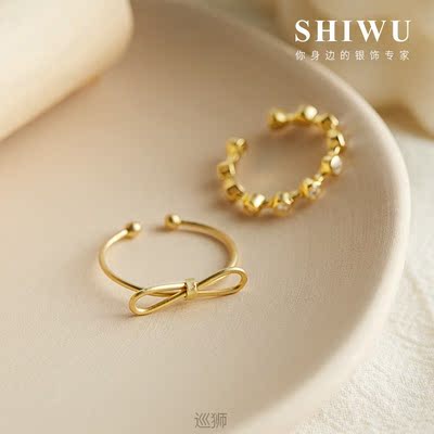 Silver jewelry gold zircon bow opening ring 925 Sterling Sil