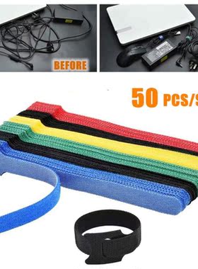 50Pcs Reusable Black Cable Cord Nylon Strap Hook Loop Ties T