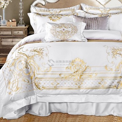 White Golden Bedding Set Queen Super King size Bed sheet set