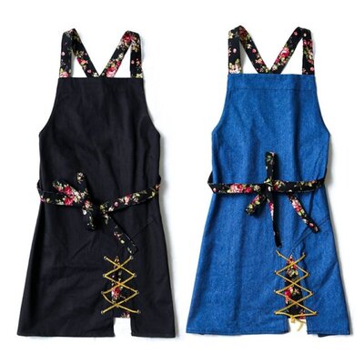 Women Pastoral Floral Strap Retro Apron Split Hem Crisscross