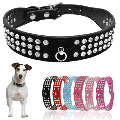 Rhinestone Dog Collar 3 Rows Suede Leather Diamante Cat Pupp