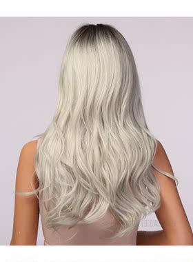Long Wavy Black Gray Ash White Ombre Synthetic Wigs With Ban