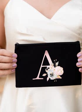 Bridesmaid Makeup Bag Floral Letters Pattern Large Cosmetic