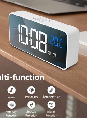 LED Mirror Alarm Clock Digital Snooze Table Clock Wake Up Li