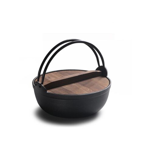 Stew-Pot Cast-Iron Japanese Sukiyaki with Wood-Cover Uncoate