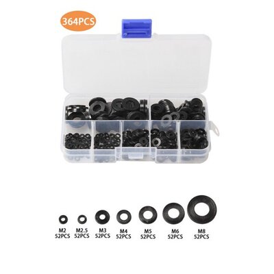 364Pcs Metric M2-M8 Black Nylon Flat Ring Plain Repair Washe