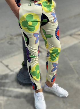 Spring Retro Pattern Print Straight Long Pants Men Casual Bu