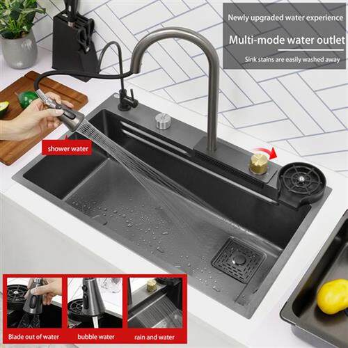 New Black Nanometer 304 Stainless Steel Waterfall Kitchen Si