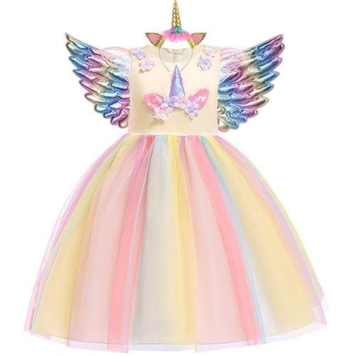 Girls Unicorn Tutu Dress Rainbow Princess Kids Party Dress C