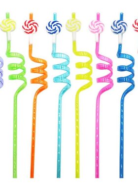 Rainbow Color Reusable Plastic Straw 24Pcs Cartoon Curve Str