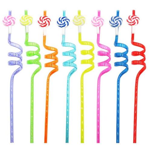 Rainbow Color Reusable Plastic Straw 24Pcs Cartoon Curve Str