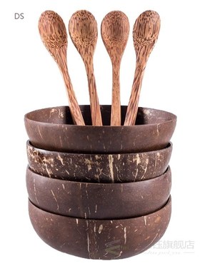 HOT-Coconut Bowls Spoon Set,4 Bowls 4 Spoons,Gift for Vegans