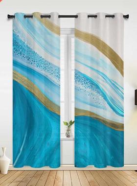 Blue Gradient Texture Marbling Window Curtains for Living