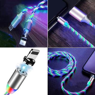 2m Flowing Light Charging Magnetic Mobile Phone Cable USB Ty
