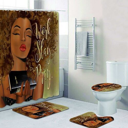 African American Shower Curtain Set Black Girl Work Slay Pra