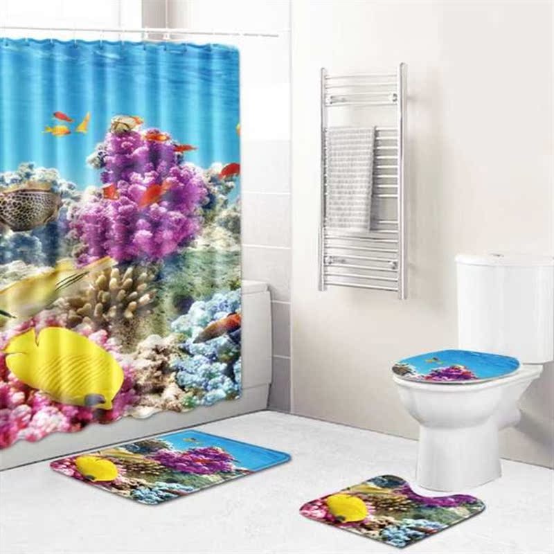 Marine Printed Bathroom Set Non-slip Absorbent Cushion Showe