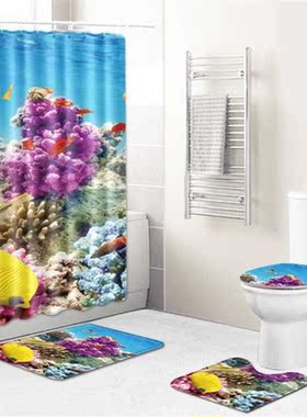 Marine Printed Bathroom Set Non-slip Absorbent Cushion Showe