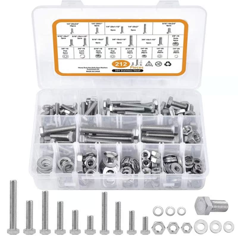 212PCS UNC Stainless Steel 304 External Hexagonal Screw Asso
