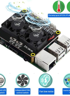 Raspberry Pi 4 Model B LED Dual Cooling Fan Automatic Discol