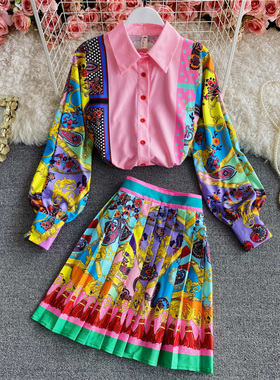 Women Fashion Luxury Print Shirt Top   Pleated Mini Skirt Ne