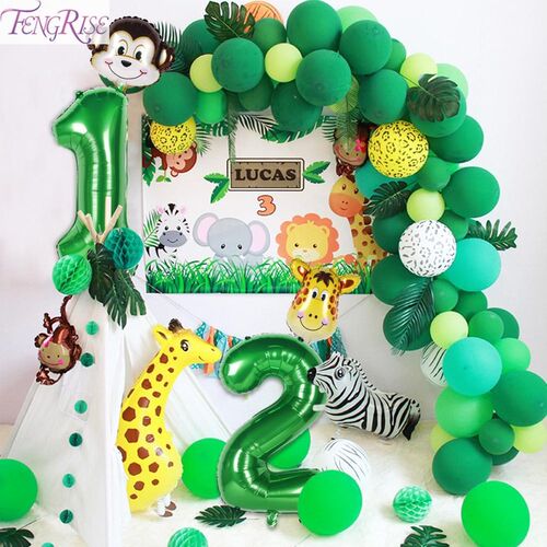FENGRISE Green Number Foil Balloons Safari Jungle Party Deco