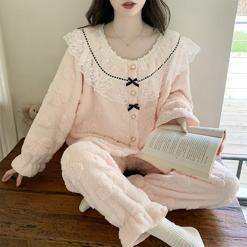 珊瑚绒睡衣女款秋冬季公主风加绒加厚花边长袖保暖女士家居服套装