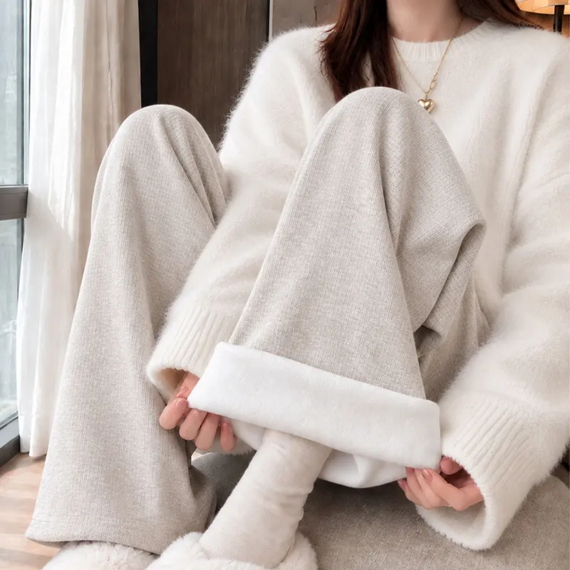 加绒针织阔腿裤女2026新款秋冬季加厚棉裤外穿休闲窄版直筒糯米裤